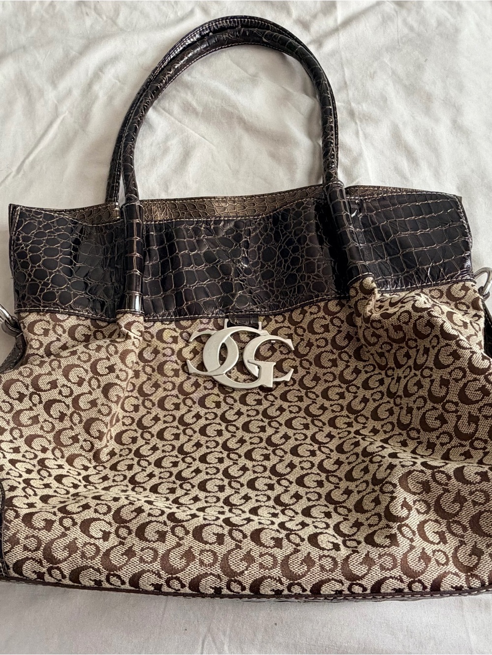 Guess Brown Monogram Tote Bag with Faux Croc Trim